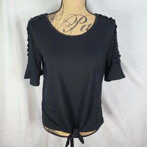 AGB Size Medium Black Wooden Bead Flared Sleeve‎ Tie Front Casual Knit Blouse